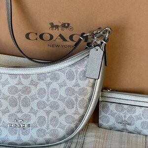 NWT Coach Aria Shoulder Bag Signature Canvas Silver Mini Id Set TRENDING $466